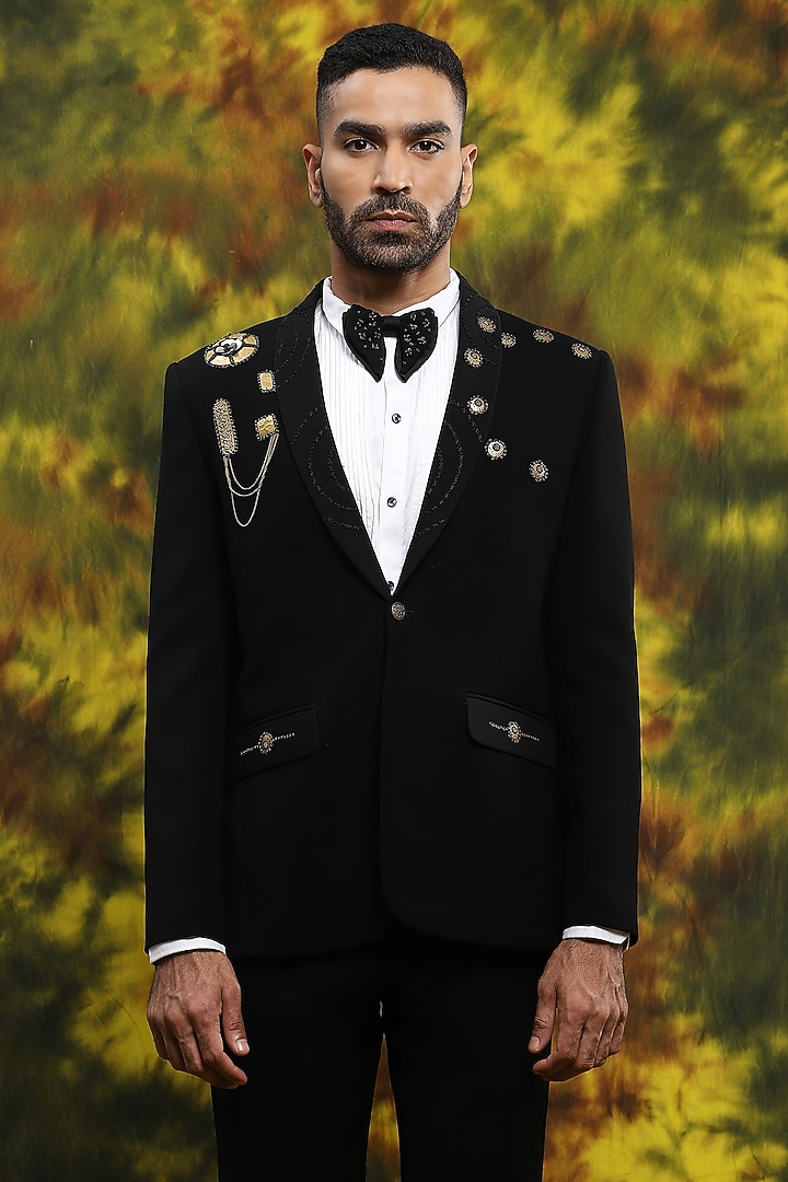 Black Italian Crepe Gold Embroidered Tuxedo Set by Soniya G Men at Pernia's  Pop Up Shop