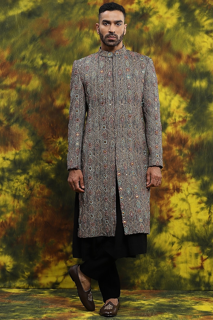 Multi-Colored Jute Embroidered Groom Sherwani Set by Soniya G Men at Pernia's Pop Up Shop