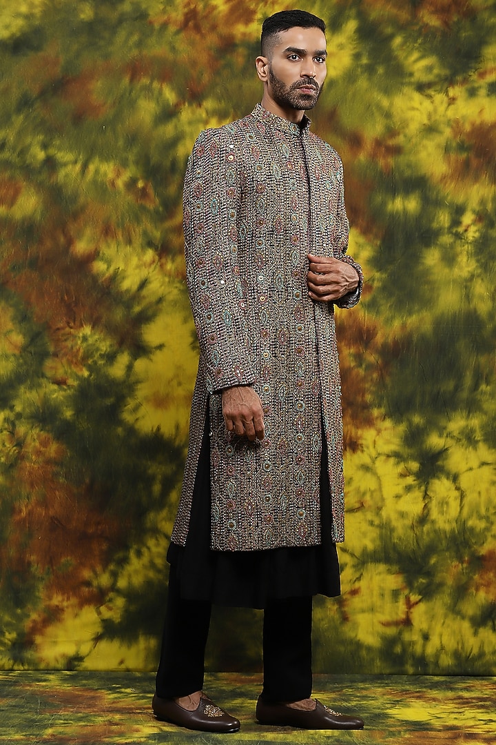 Multi-Colored Jute Embroidered Groom Sherwani Set by Soniya G Men at Pernia's Pop Up Shop