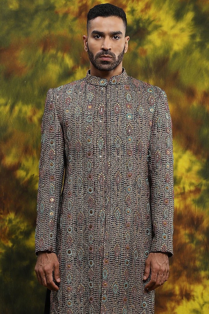 Multi-Colored Jute Embroidered Groom Sherwani Set by Soniya G Men at Pernia's Pop Up Shop