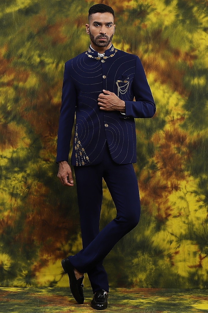 Royal Blue Italian Crepe Embroidered Bandhgala Set by Soniya G Men at Pernia's Pop Up Shop