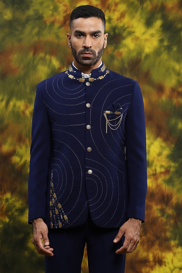 Royal Blue Italian Crepe Embroidered Wedding Bandhgala Set by Soniya G Men at Pernia's Pop Up Shop
