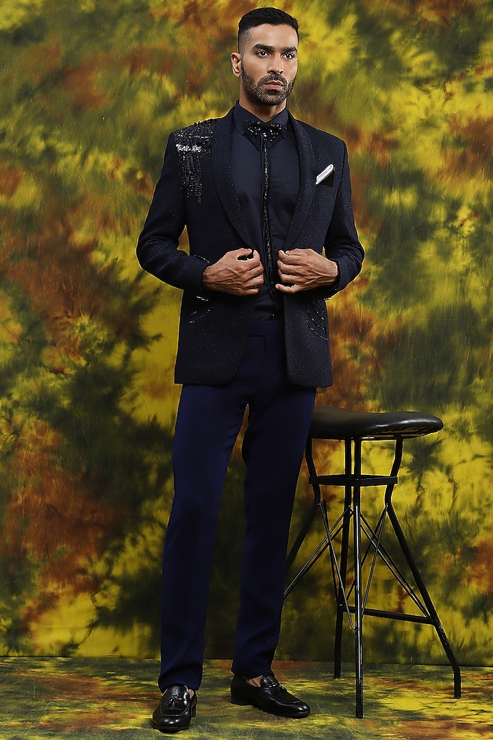 Navy Blue Italian Crepe Hand Embroidered Tuxedo Set by Soniya G Men at Pernia's Pop Up Shop