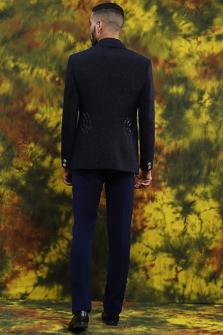 Navy Blue Italian Crepe Hand Embroidered Tuxedo Set by Soniya G Men at Pernia's Pop Up Shop