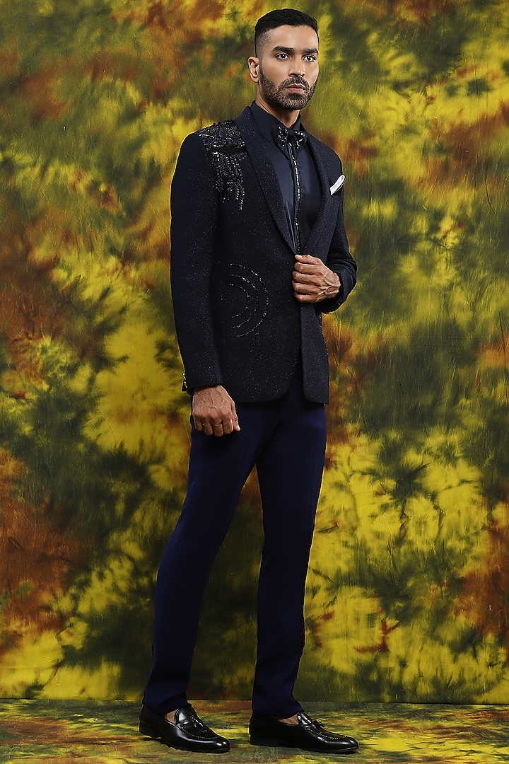 Navy Blue Italian Crepe Hand Embroidered Tuxedo Set by Soniya G Men at Pernia's Pop Up Shop