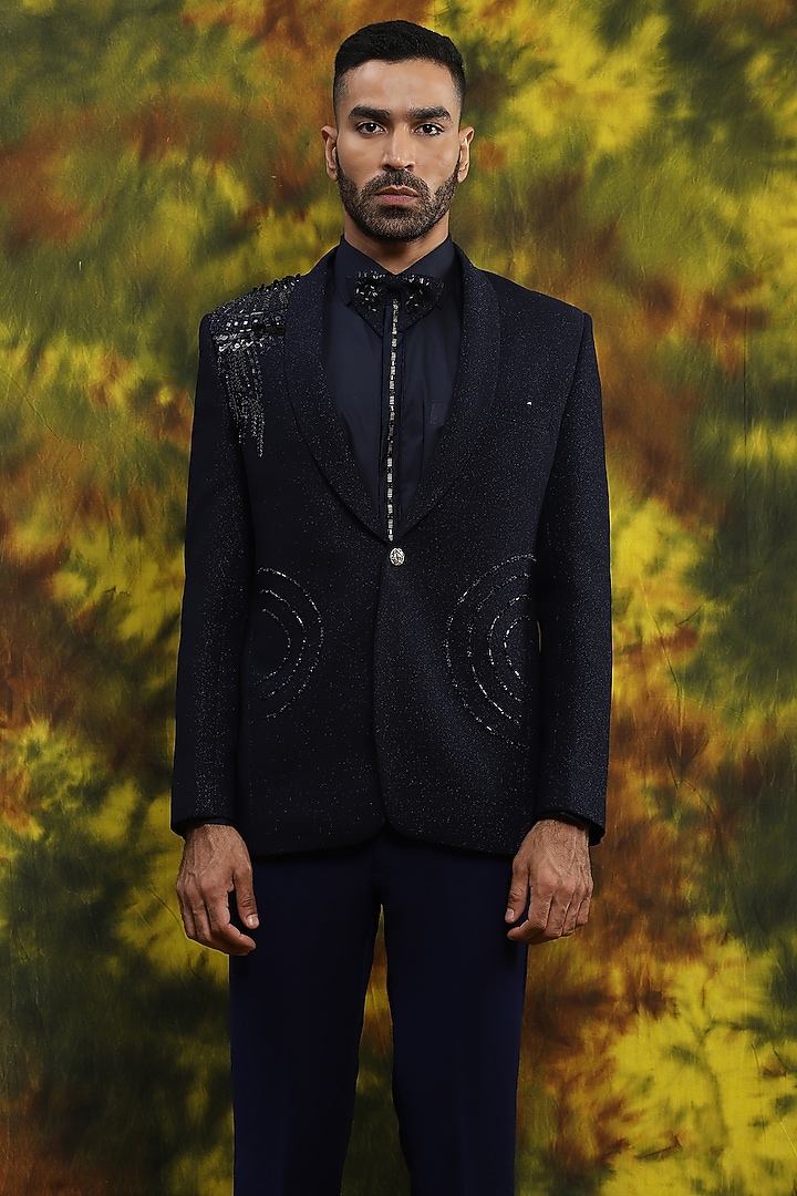 Navy Blue Italian Crepe Hand Embroidered Tuxedo Set by Soniya G Men at Pernia's Pop Up Shop