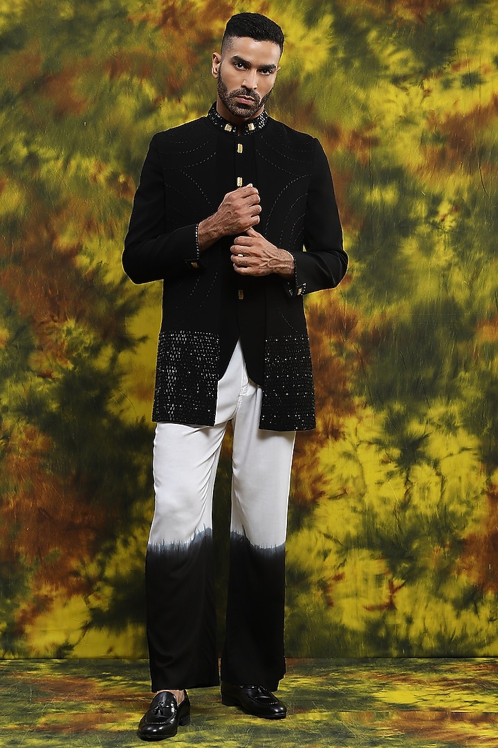 Black Italian Crepe Wedding Indowestern Set by Soniya G Men at Pernia's Pop Up Shop