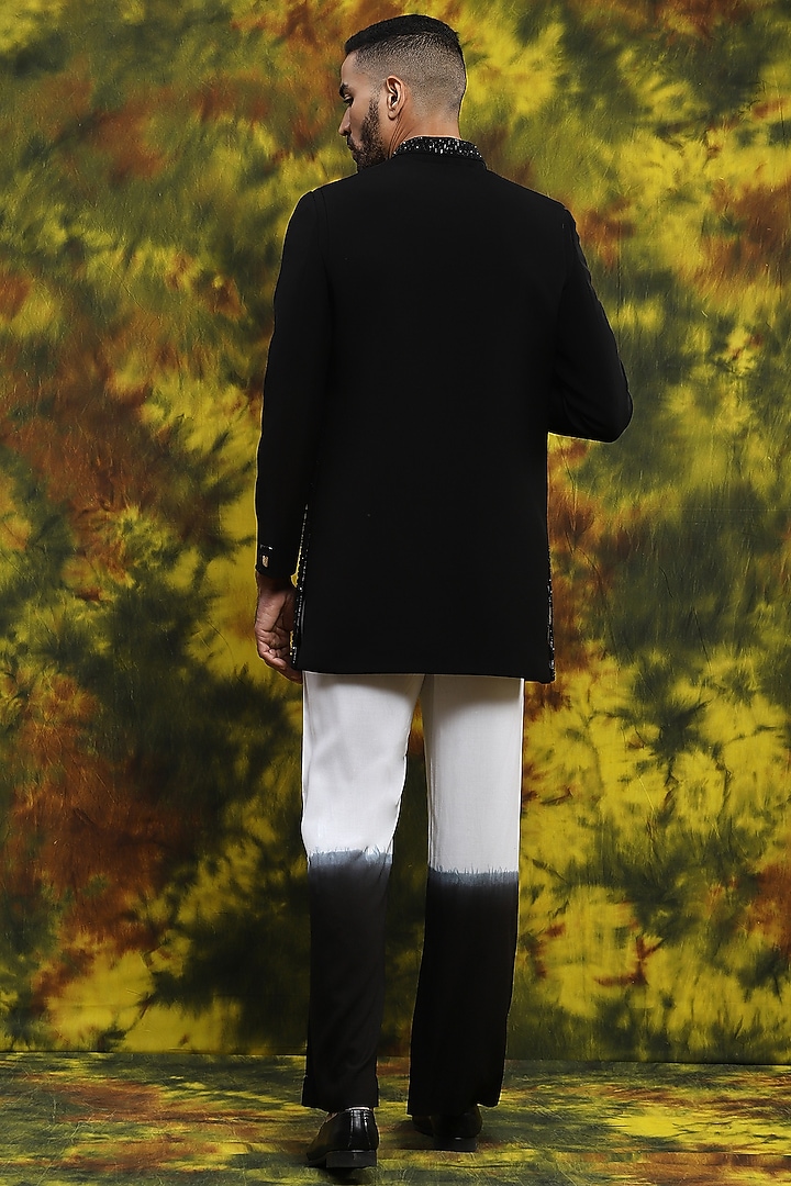 Black Italian Crepe Wedding Indowestern Set by Soniya G Men at Pernia's Pop Up Shop