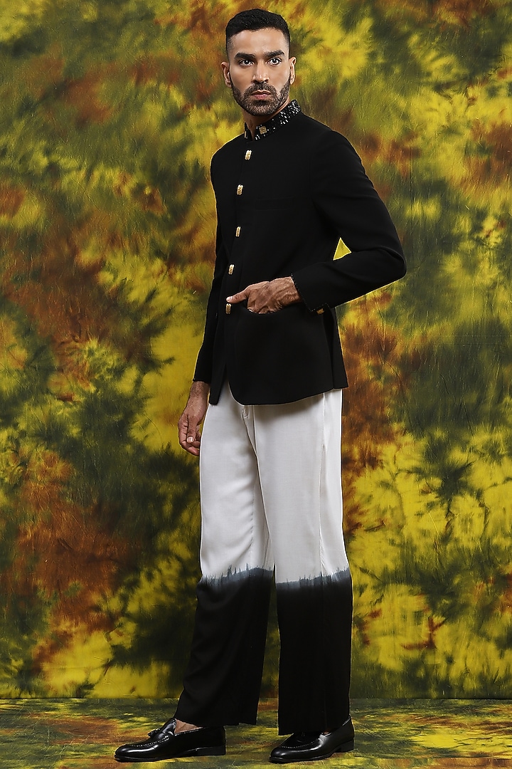 Black Italian Crepe Wedding Indowestern Set by Soniya G Men at Pernia's Pop Up Shop