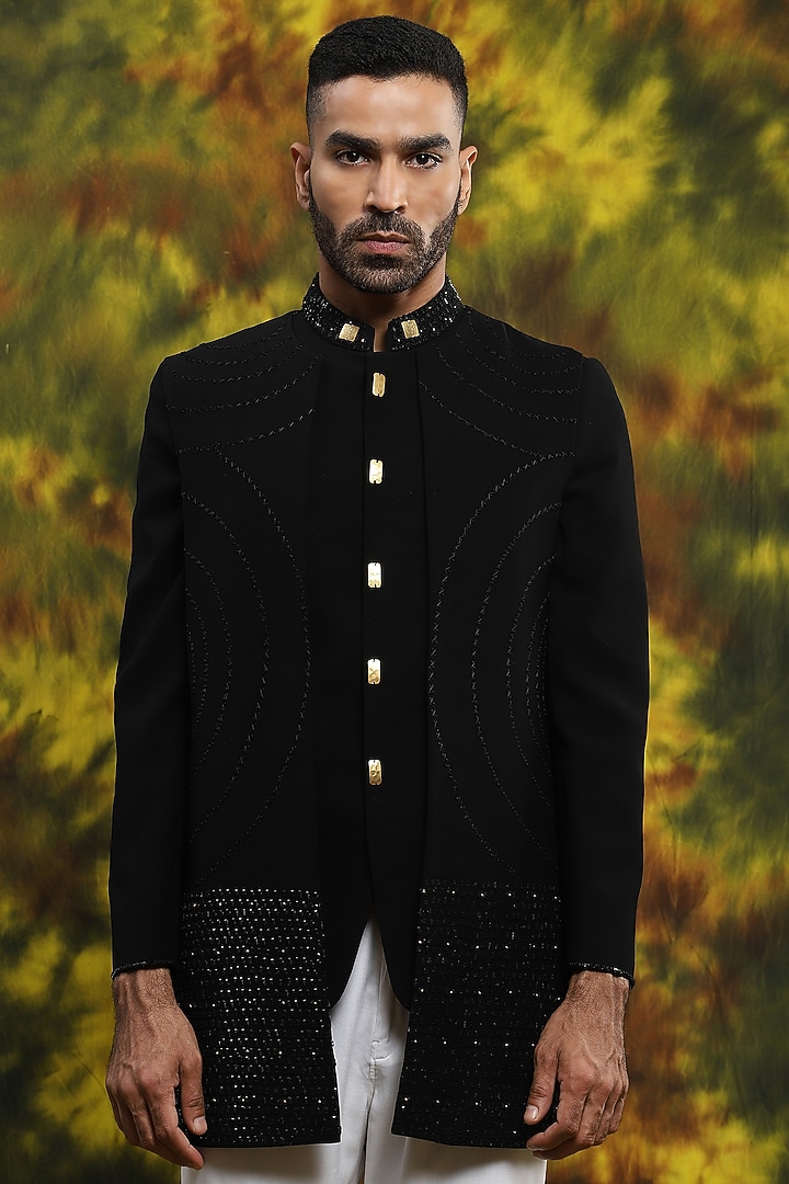 Black Italian Crepe Wedding Indowestern Set by Soniya G Men at Pernia's Pop Up Shop