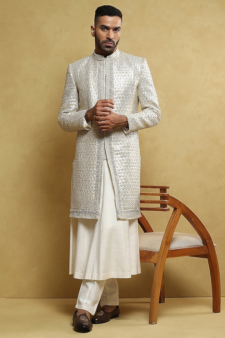 Off-White Handloom Silk Embroidered Indo-Western Set by Soniya G Men