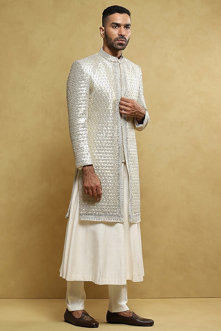 Off-White Handloom Silk Embroidered Indo-Western Set by Soniya G Men at Pernia's Pop Up Shop