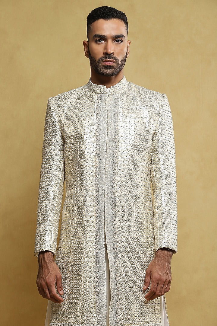 Off-White Handloom Silk Embroidered Indo-Western Set by Soniya G Men at Pernia's Pop Up Shop