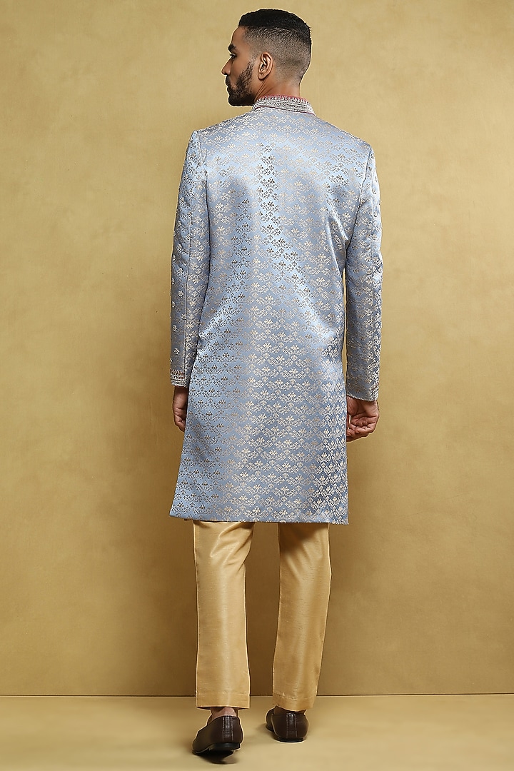 Sky Blue Jacquard Hand Embroidered Wedding Sherwani Set by Soniya G Men at Pernia's Pop Up Shop