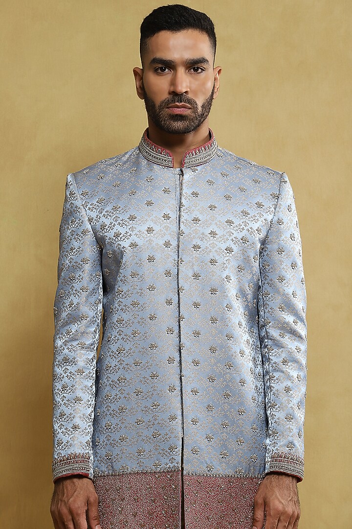 Sky Blue Jacquard Hand Embroidered Wedding Sherwani Set by Soniya G Men at Pernia's Pop Up Shop