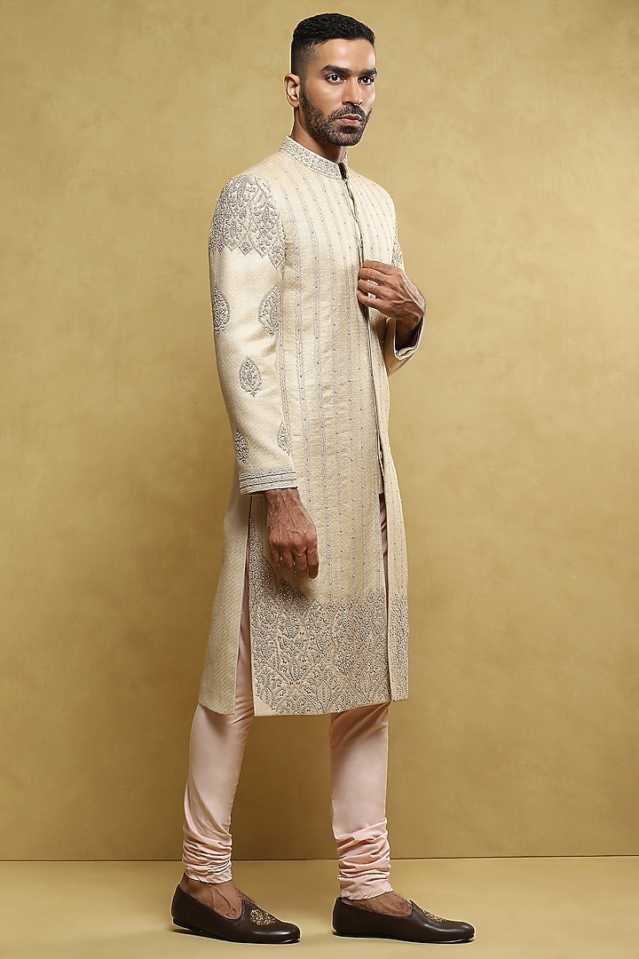Beige Handloom Silk Embroidered Wedding Sherwani Set by Soniya G Men at Pernia's Pop Up Shop