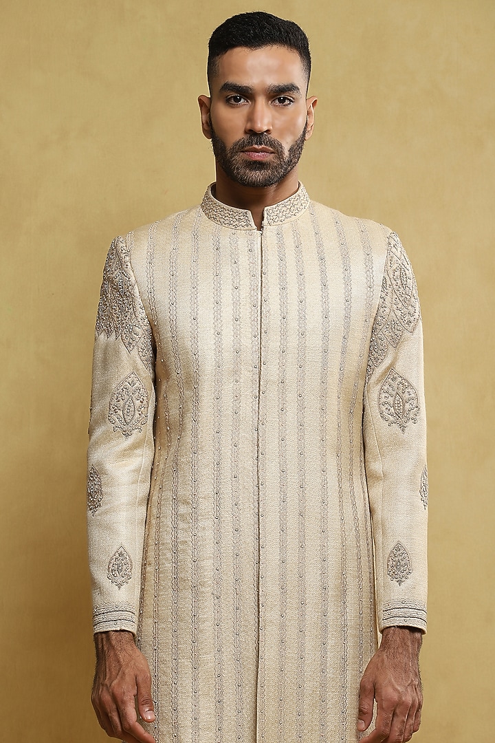 Beige Handloom Silk Embroidered Wedding Sherwani Set by Soniya G Men at Pernia's Pop Up Shop