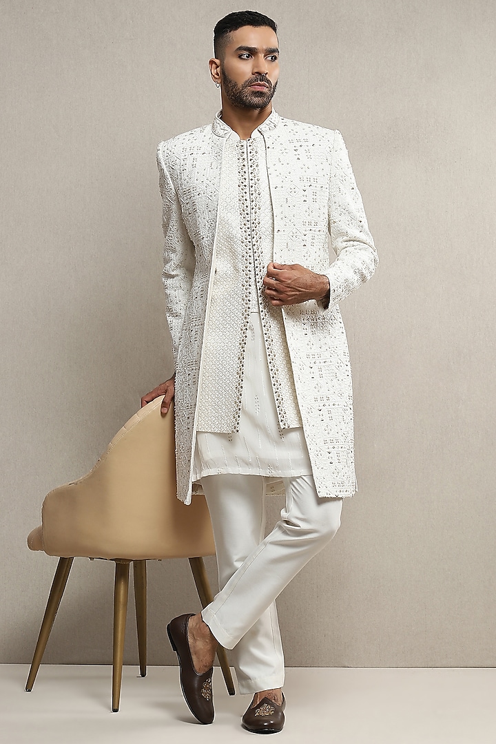 Off-White Handloom Silk Hand Embroidered INdo-Western Set by Soniya G Men at Pernia's Pop Up Shop