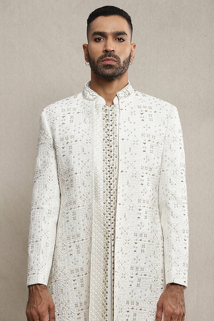 Off-White Handloom Silk Hand Embroidered INdo-Western Set by Soniya G Men at Pernia's Pop Up Shop