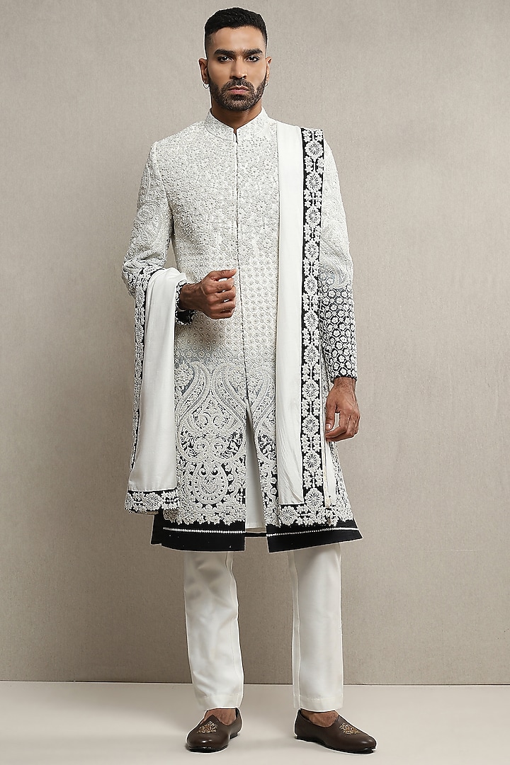 Off-White Ombre Handloom Silk Embroidered Sherwani Set by Soniya G Men