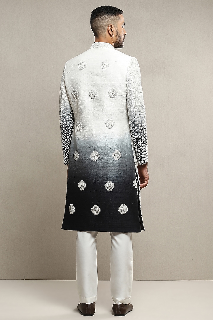 Off-White Ombre Handloom Silk Embroidered Groom Sherwani Set by Soniya G Men at Pernia's Pop Up Shop