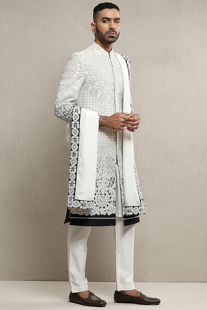 Off-White Ombre Handloom Silk Embroidered Groom Sherwani Set by Soniya G Men at Pernia's Pop Up Shop