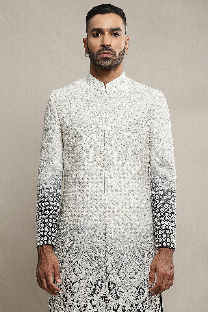 Off-White Ombre Handloom Silk Embroidered Groom Sherwani Set by Soniya G Men at Pernia's Pop Up Shop