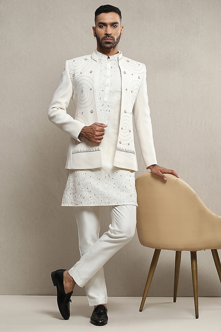 Off-White Handloom Silk Wedding Bandhgala Set by Soniya G Men at Pernia's Pop Up Shop