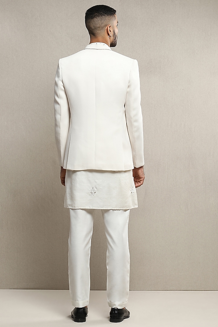 Off-White Handloom Silk Wedding Bandhgala Set by Soniya G Men at Pernia's Pop Up Shop