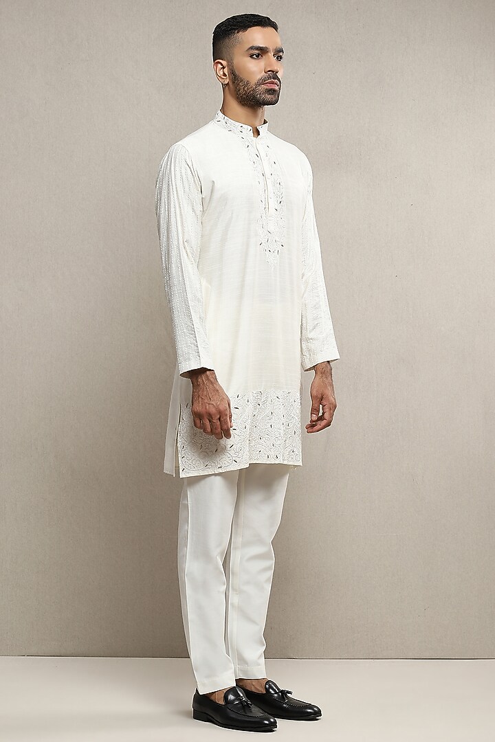 Off-White Handloom Silk Wedding Bandhgala Set by Soniya G Men at Pernia's Pop Up Shop