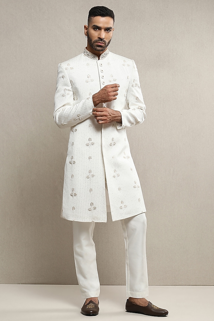 Off-White Handloom Silk Gold Embroidered Wedding Sherwani Set by Soniya G Men at Pernia's Pop Up Shop