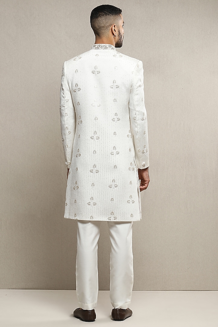 Off-White Handloom Silk Gold Embroidered Wedding Sherwani Set by Soniya G Men at Pernia's Pop Up Shop