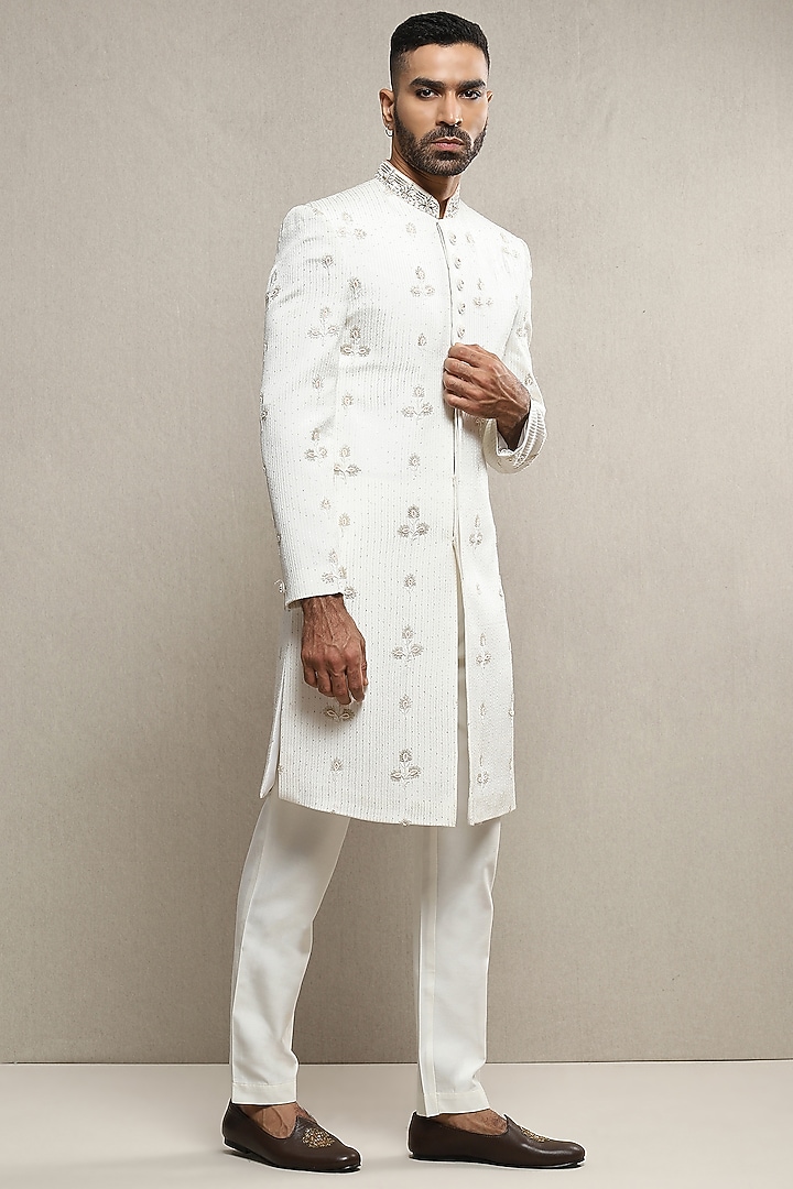 Off-White Handloom Silk Gold Embroidered Wedding Sherwani Set by Soniya G Men at Pernia's Pop Up Shop