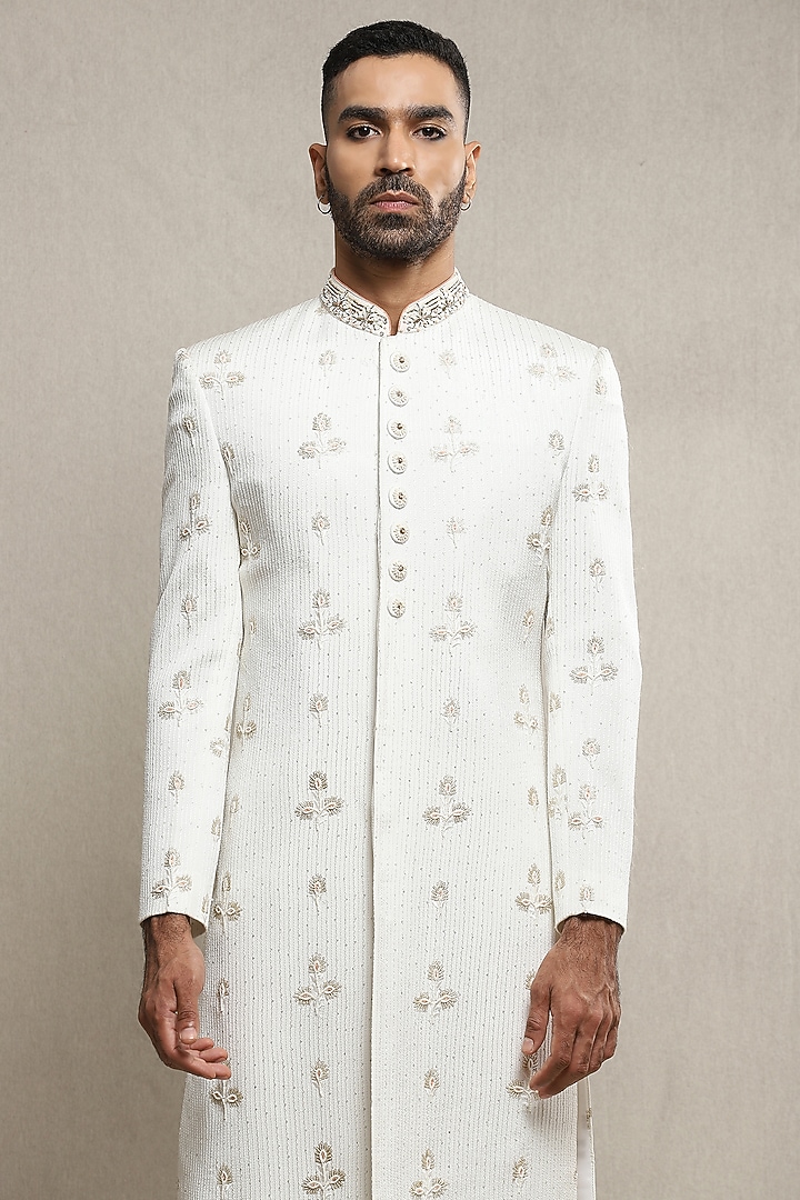 Off-White Handloom Silk Gold Embroidered Wedding Sherwani Set by Soniya G Men at Pernia's Pop Up Shop