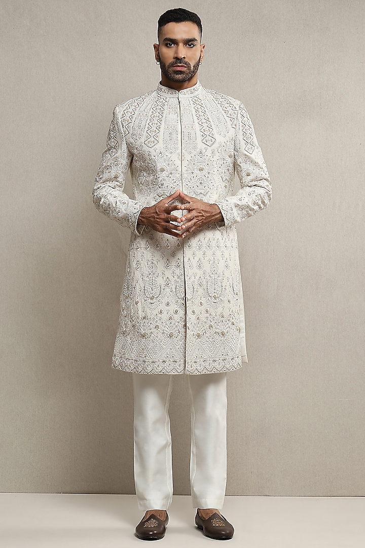 Off-White Raw Silk Aari Embroidered Sherwani Set by Soniya G Men