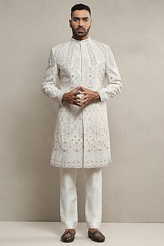Off-White Raw Silk Aari Embroidered Sherwani Set by Soniya G Men