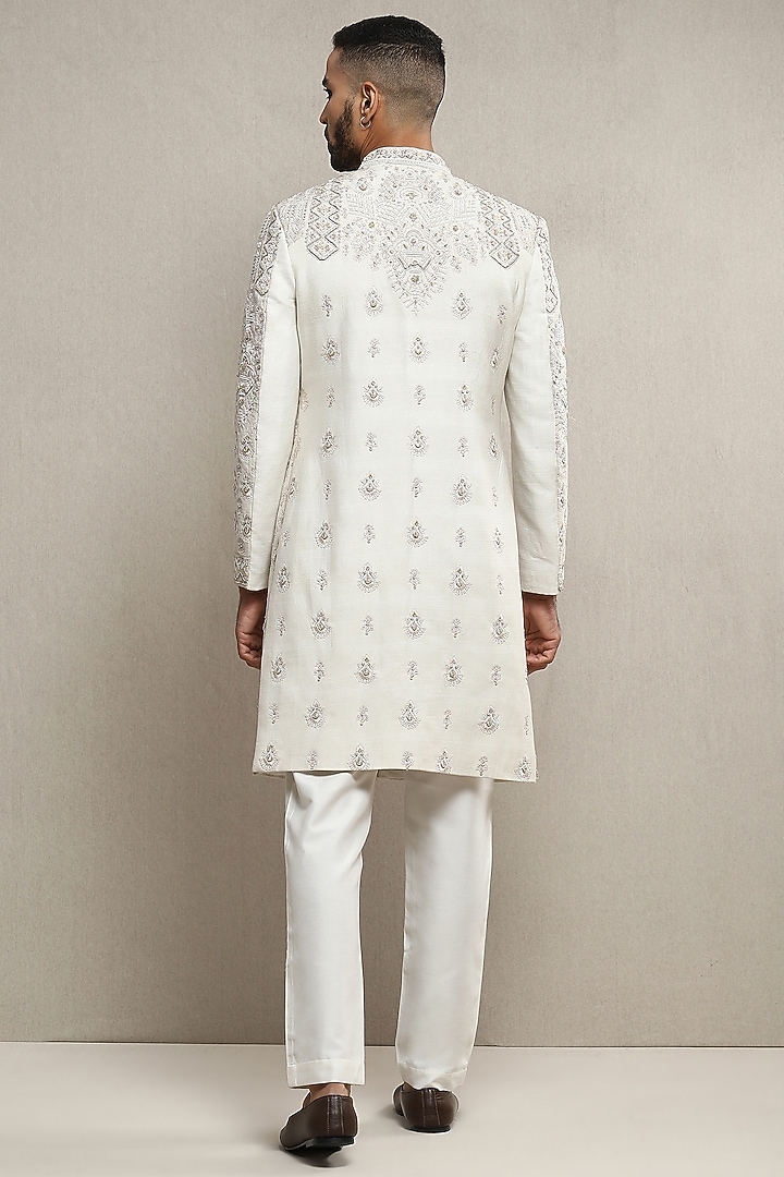 Off-White Raw Silk Aari Embroidered Groom Sherwani Set by Soniya G Men at Pernia's Pop Up Shop