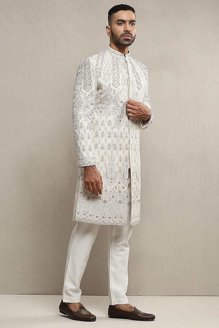 Off-White Raw Silk Aari Embroidered Groom Sherwani Set by Soniya G Men at Pernia's Pop Up Shop