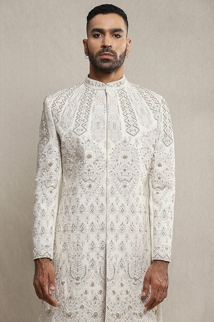 Off-White Raw Silk Aari Embroidered Groom Sherwani Set by Soniya G Men at Pernia's Pop Up Shop