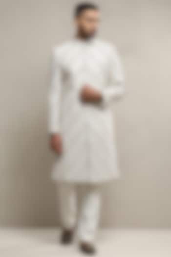 Off-White Handloom Silk Aari Embroidered Groom Sherwani Set by Soniya G Men at Pernia's Pop Up Shop