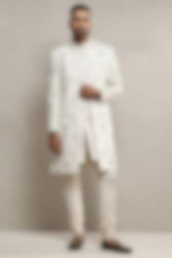 Off-White Handloom Silk Hand Embroidered Groom Indowestern Set by Soniya G Men at Pernia's Pop Up Shop