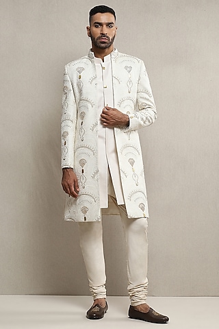 Off-White Handloom Silk Hand Embroidered Indowestern Set by Soniya G Men