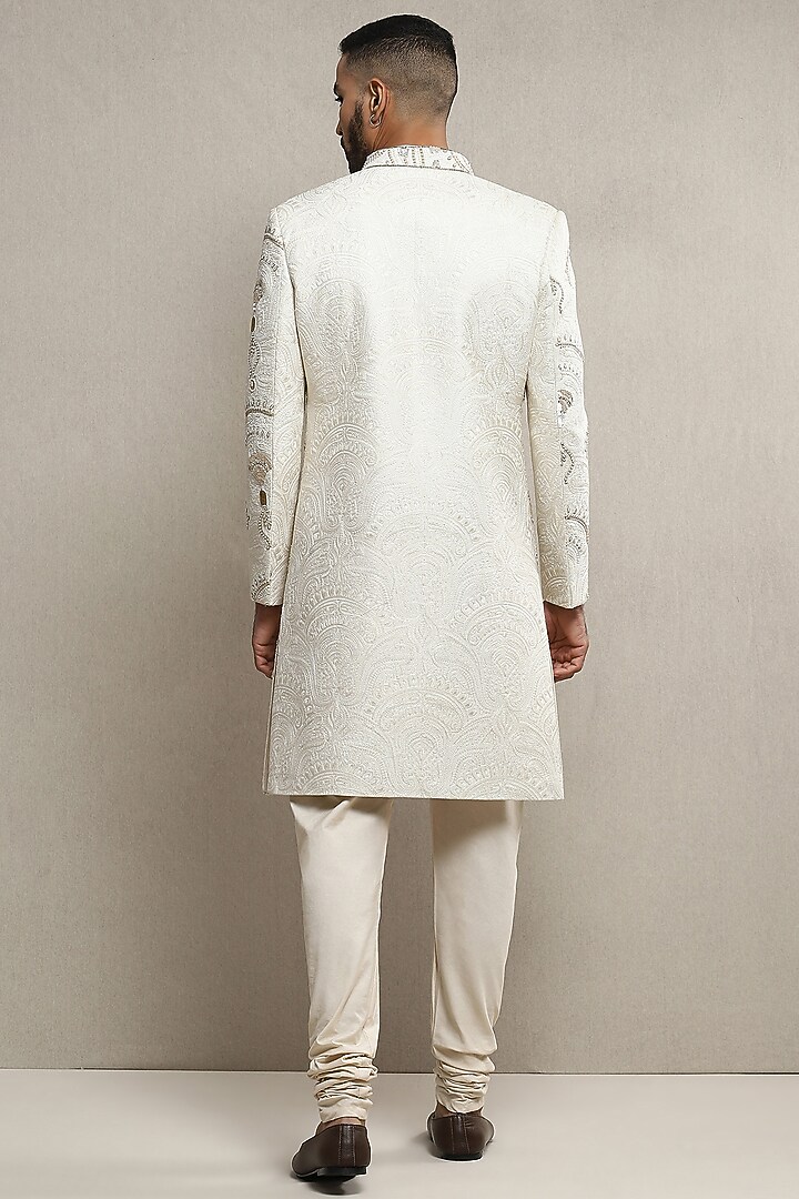 Off-White Handloom Silk Hand Embroidered Groom Indowestern Set by Soniya G Men at Pernia's Pop Up Shop