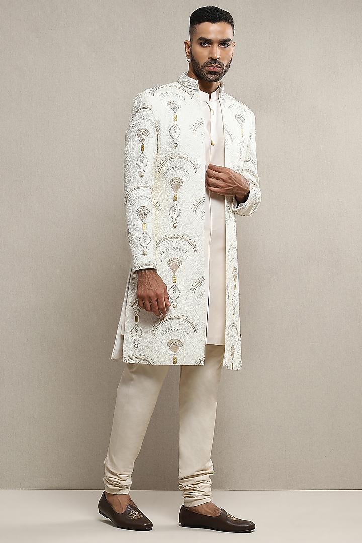 Off-White Handloom Silk Hand Embroidered Groom Indowestern Set by Soniya G Men at Pernia's Pop Up Shop