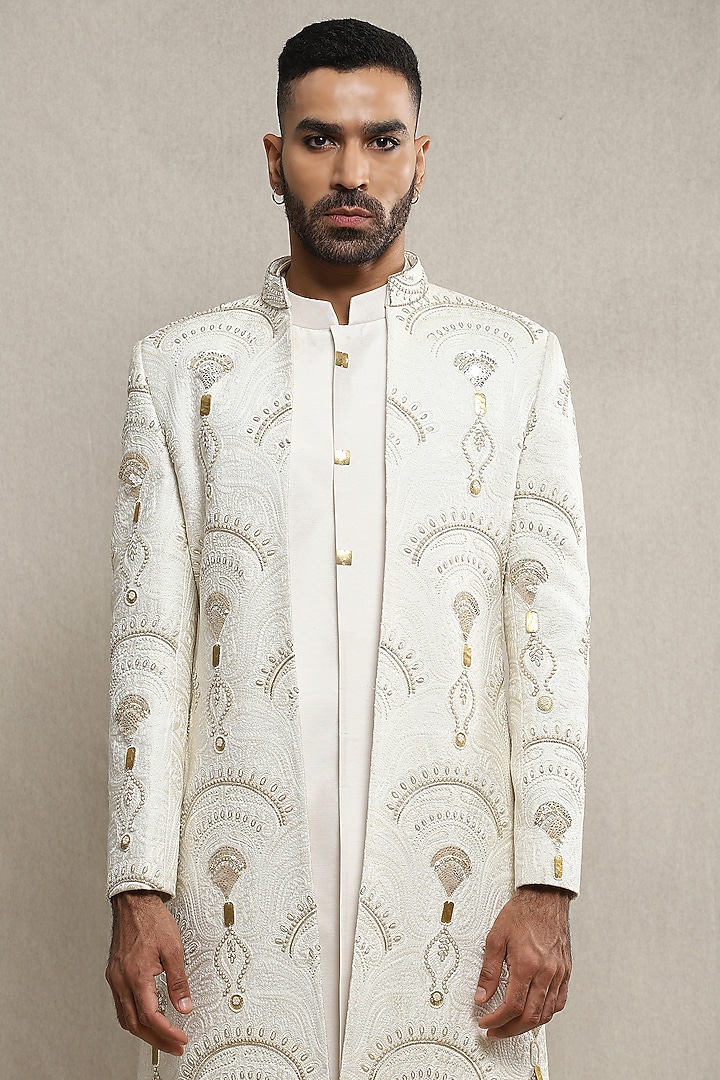 Off-White Handloom Silk Hand Embroidered Groom Indowestern Set by Soniya G Men at Pernia's Pop Up Shop