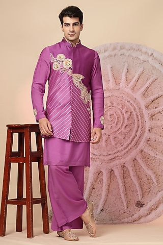 Purple Chanderi Silk Embroidered Indowestern Set by Soniya G Men