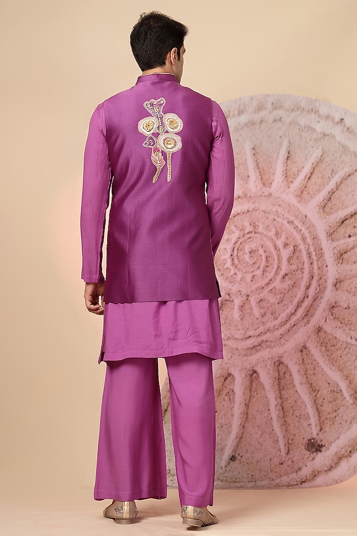 Purple Chanderi Silk Embroidered Wedding Indowestern Set by Soniya G Men at Pernia's Pop Up Shop