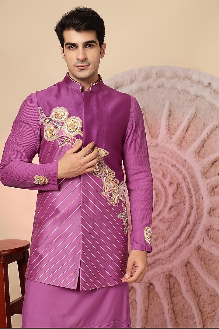 Purple Chanderi Silk Embroidered Wedding Indowestern Set by Soniya G Men at Pernia's Pop Up Shop