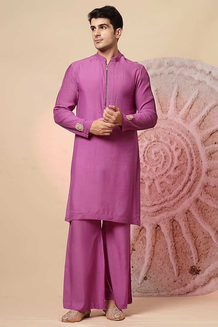 Purple Chanderi Silk Embroidered Wedding Indowestern Set by Soniya G Men at Pernia's Pop Up Shop