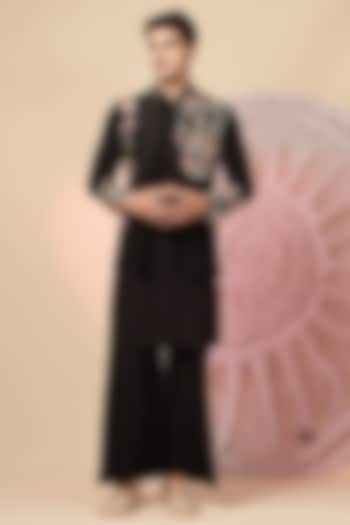 Black Raw Silk Handloom Embroidered Nehru Jacket Set by Soniya G Men at Pernia's Pop Up Shop